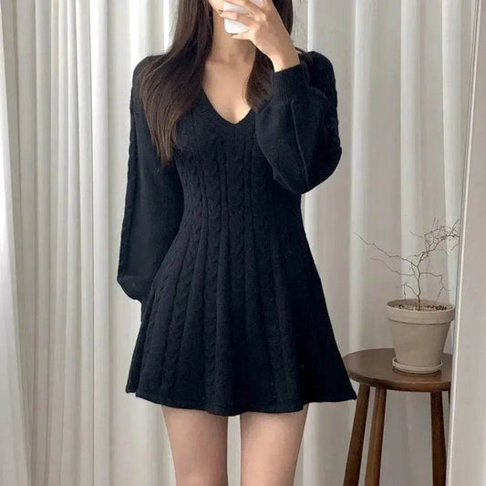 Fashionable Autumn Winter Mini Flared Knitted Sweater Dress - Velora