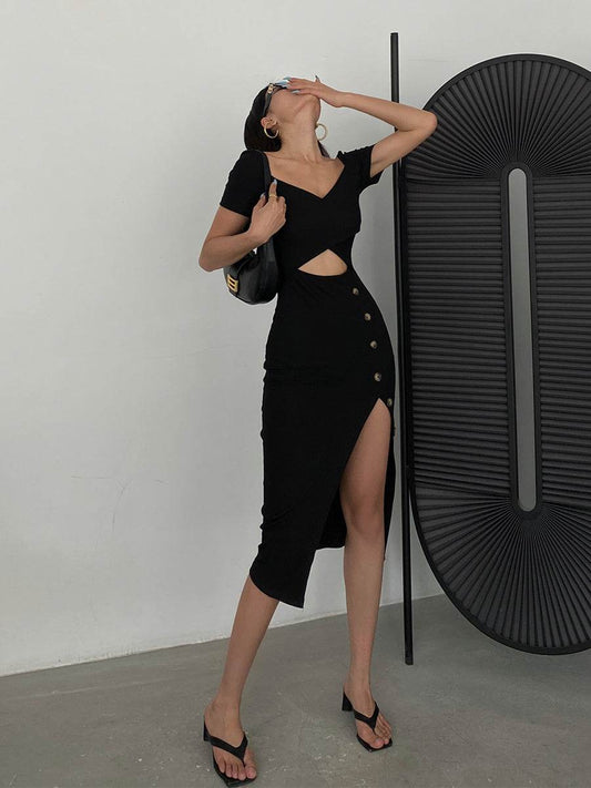 Slim And Hollow Niche Design High Slit Bag Hip Midi dress - Velora