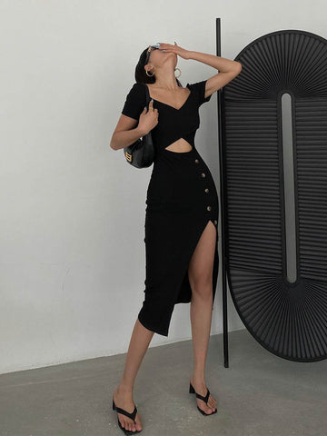 Slim And Hollow Niche Design High Slit Bag Hip Midi dress