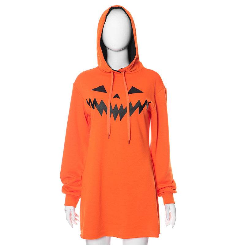 Halloween Costume Pumpkin Print Long Sleeve Hoodie Dress - Velora