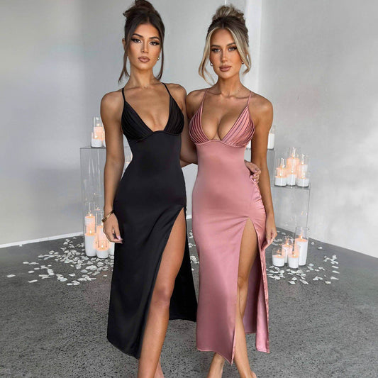 Spaghetti Strap Dress With Split Design Deep V-neck Sleeveless Backless Bodycon Party Dresses For Womens Clothing - Velora