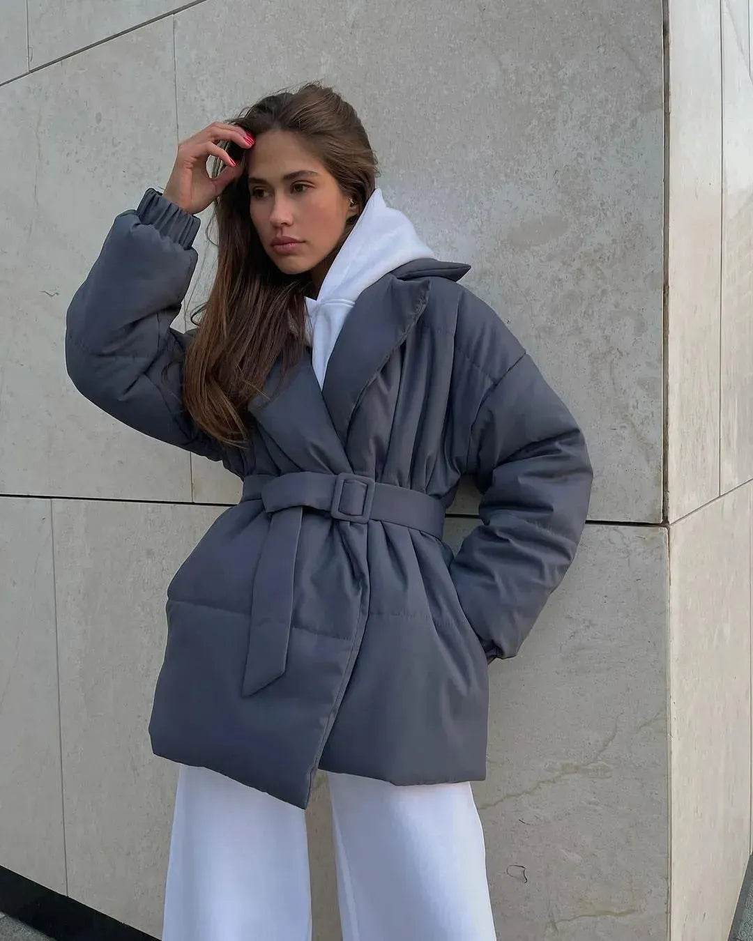 Winter Lapel Waisted Cotton Coat Hooded Winter Jacket women - Velora