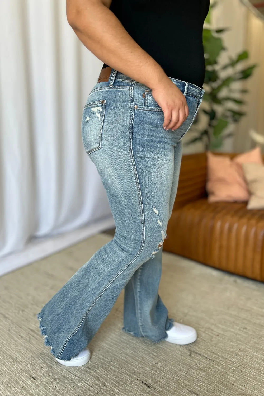 Judy Blue Full Size Medium Rise Tummy Control Destroy Flare - Velora