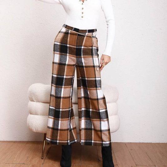 High Waist Casual Trousers Khaki Plaid Straight-leg Pants - Velora