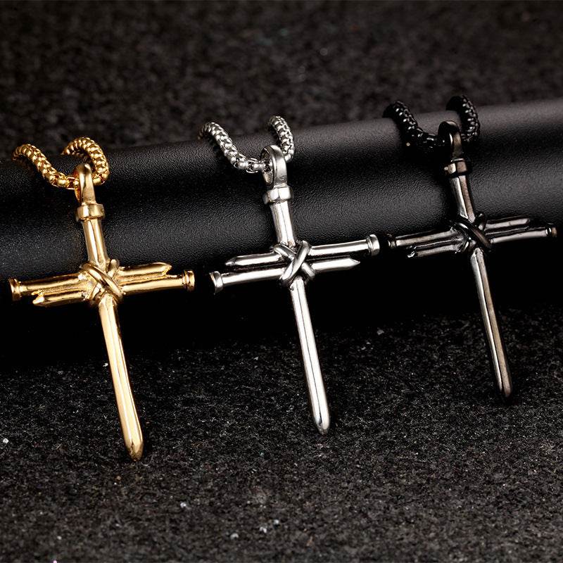 Steel Gold Black Color Fashion Mens Iron Nail Cross Pendant Necklace Stainless Steel 3mm Round Box Chain Jewelry Gift For Men - Velora