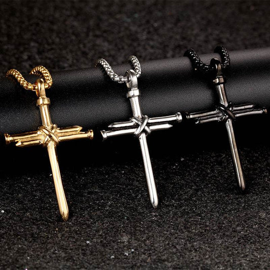 Steel Gold Black Color Fashion Mens Iron Nail Cross Pendant Necklace Stainless Steel 3mm Round Box Chain Jewelry Gift For Men - Velora