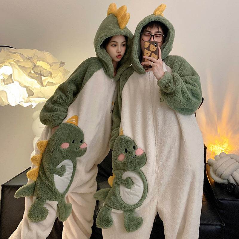 Cute Cartoon Jumpsuit Homewear Couple One-piece Nightgown Coral Fleece Winter Thickened Plush Pajamas For Women Home Clothes - Velora