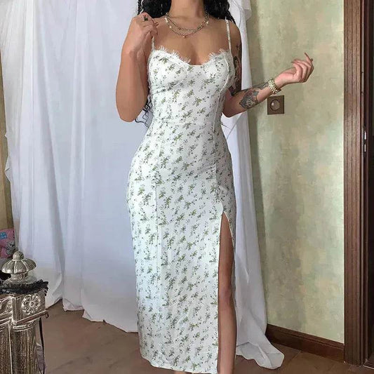 Women's Floral Spaghetti Strap Cami Dress Lace Trim Side Slit Bodycon Midi summer Dress - Velora