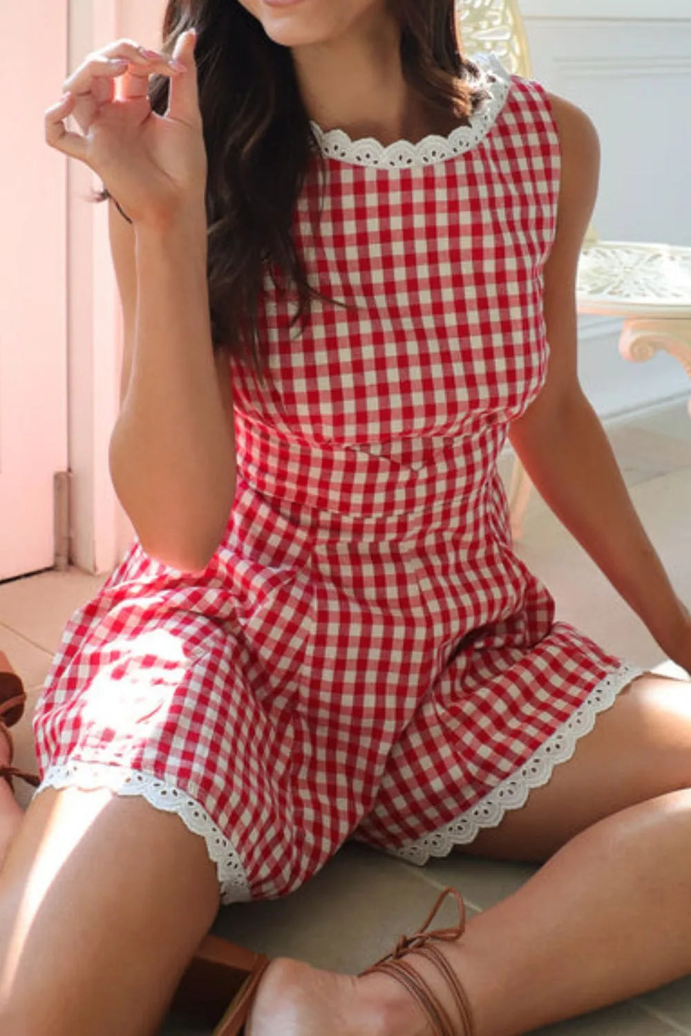 Lace Detail Plaid Sleeveless Romper - Velora