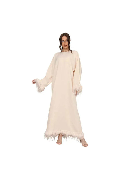 Feather Long Sleeve Middle East Arabic Elegant Round Neck Dress - Velora
