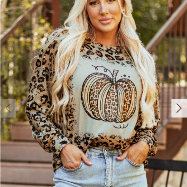 Brown Bleached Halloween Pumpkin Leopard Print Sweatshirt - Velora
