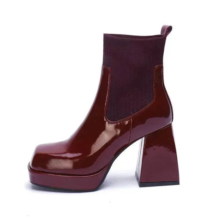 Buy Women Platform Block heel Patent leather boot Woolen winter boot - Velora