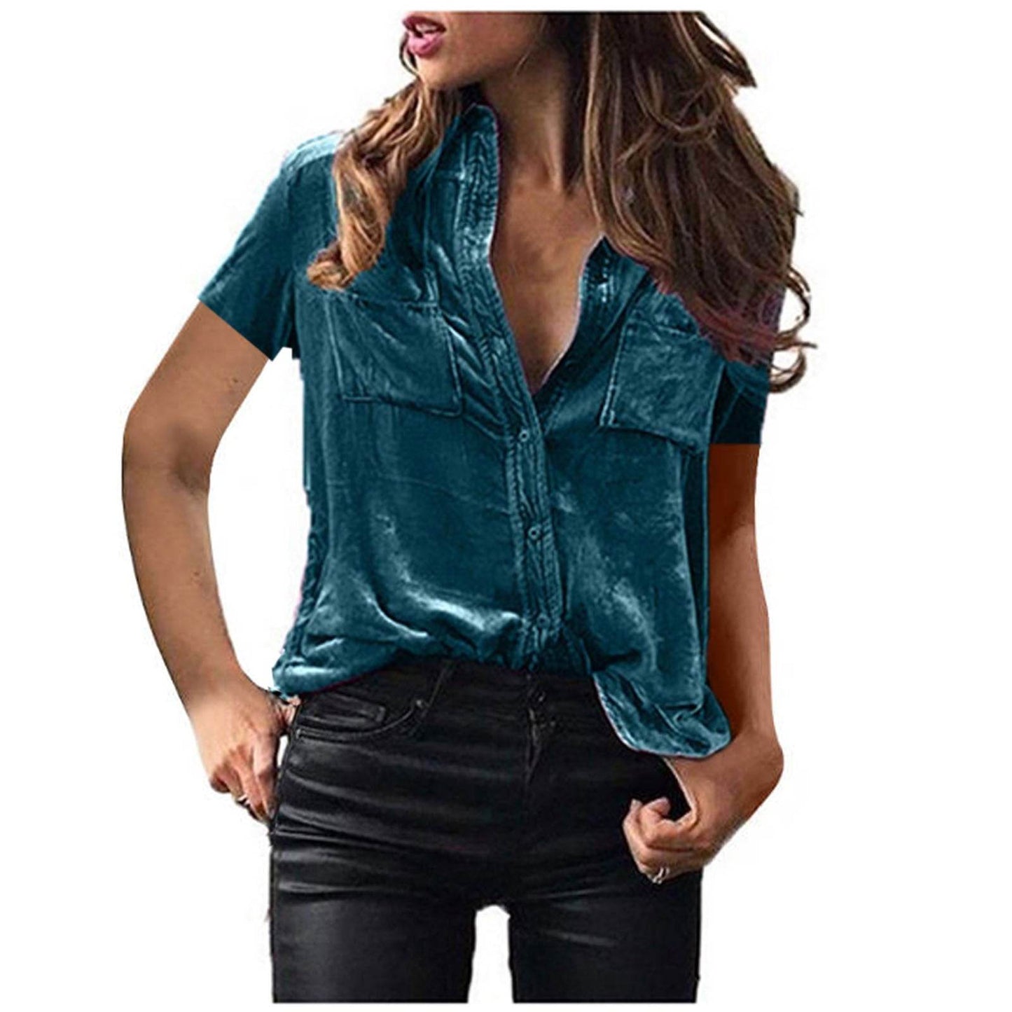 European And American Spring And Summer Pocket Short Sleeve Suede Shirt For Women - Velora