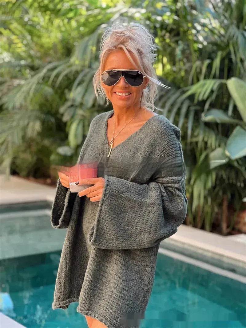 Women's Fashion V-neck Long-sleeve Knitwear 2-color Sweater dress - Velora