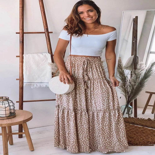 Casual Spring Summer Elastic Waist Pleated Mid Waist printed Maxi Skirt - Velora