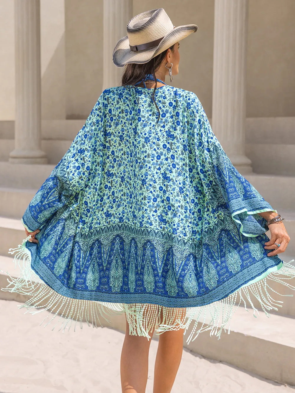 Fringe Printed Open Front Cover-Up - Velora