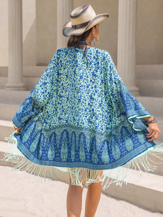 Fringe Printed Open Front Cover-Up - Velora