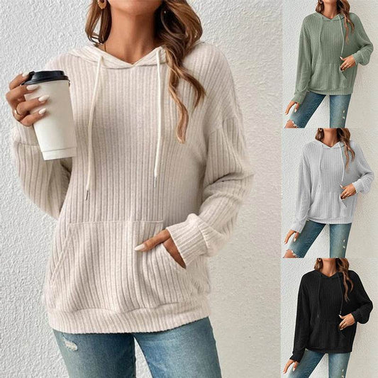 Fashion Drawstring Long-sleeved Hooded Sweatshirt With Pockets Solid Sunken Stripe Hoodie Knitwear Womens Clothing - Velora