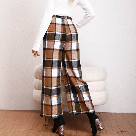 High Waist Casual Trousers Khaki Plaid Straight-leg Pants - Velora