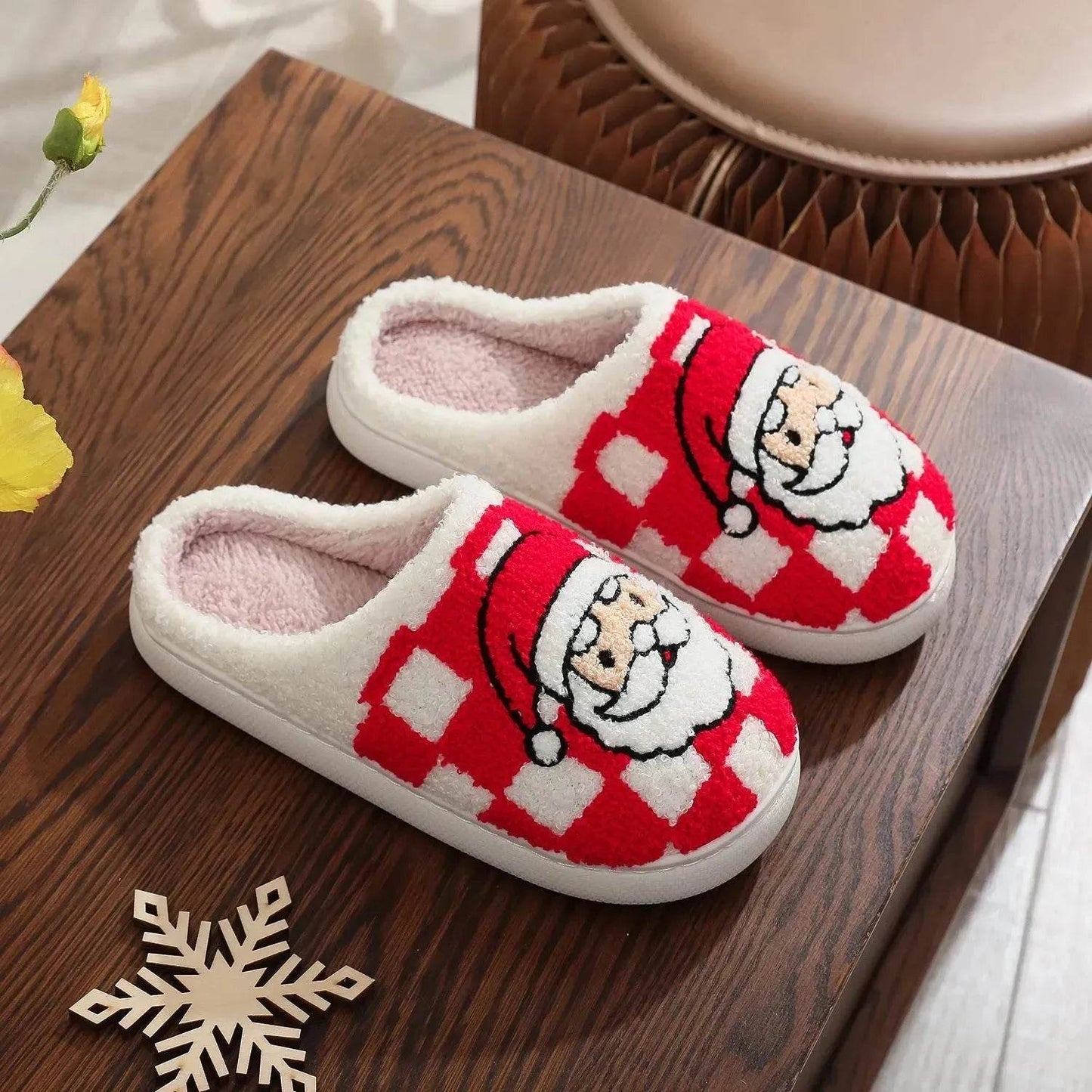 New Christmas Plaid Santa Claus Slippers Winter Indoor Non-slip Floor Bedroom Fuzzy House Shoes For Women Home Slipper - Velora
