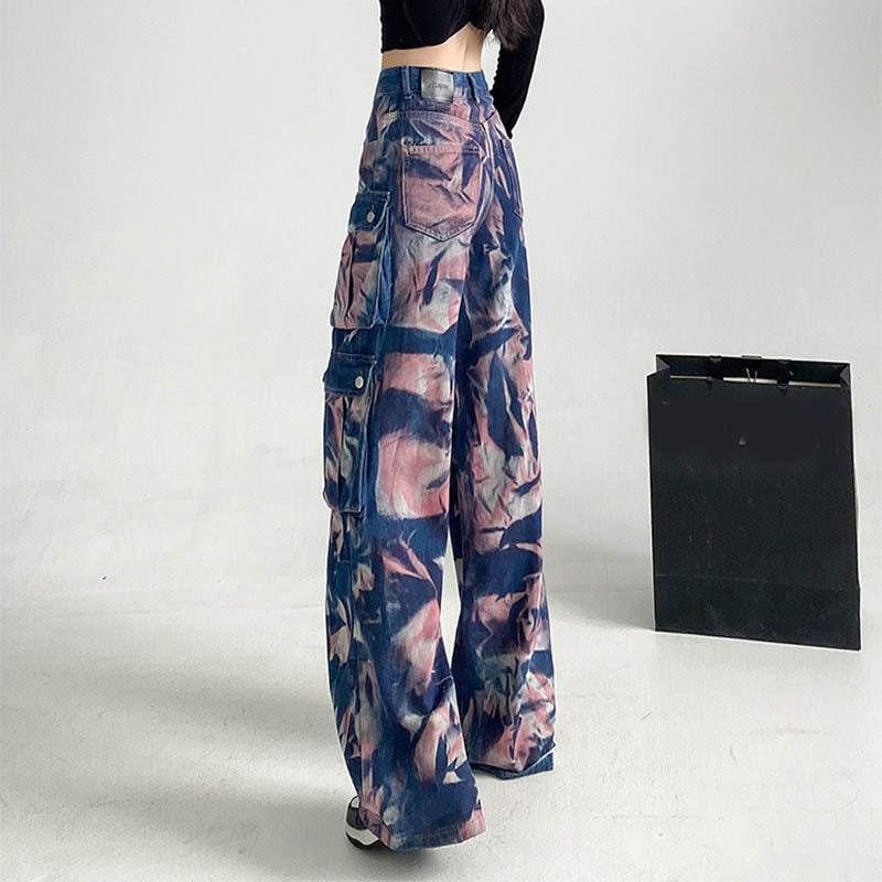 New Tie-dye Baggy CargoTrousers With Pockets Y2K Fashion High Waist Loose Wide Leg Pants Spring And Autumn - Velora