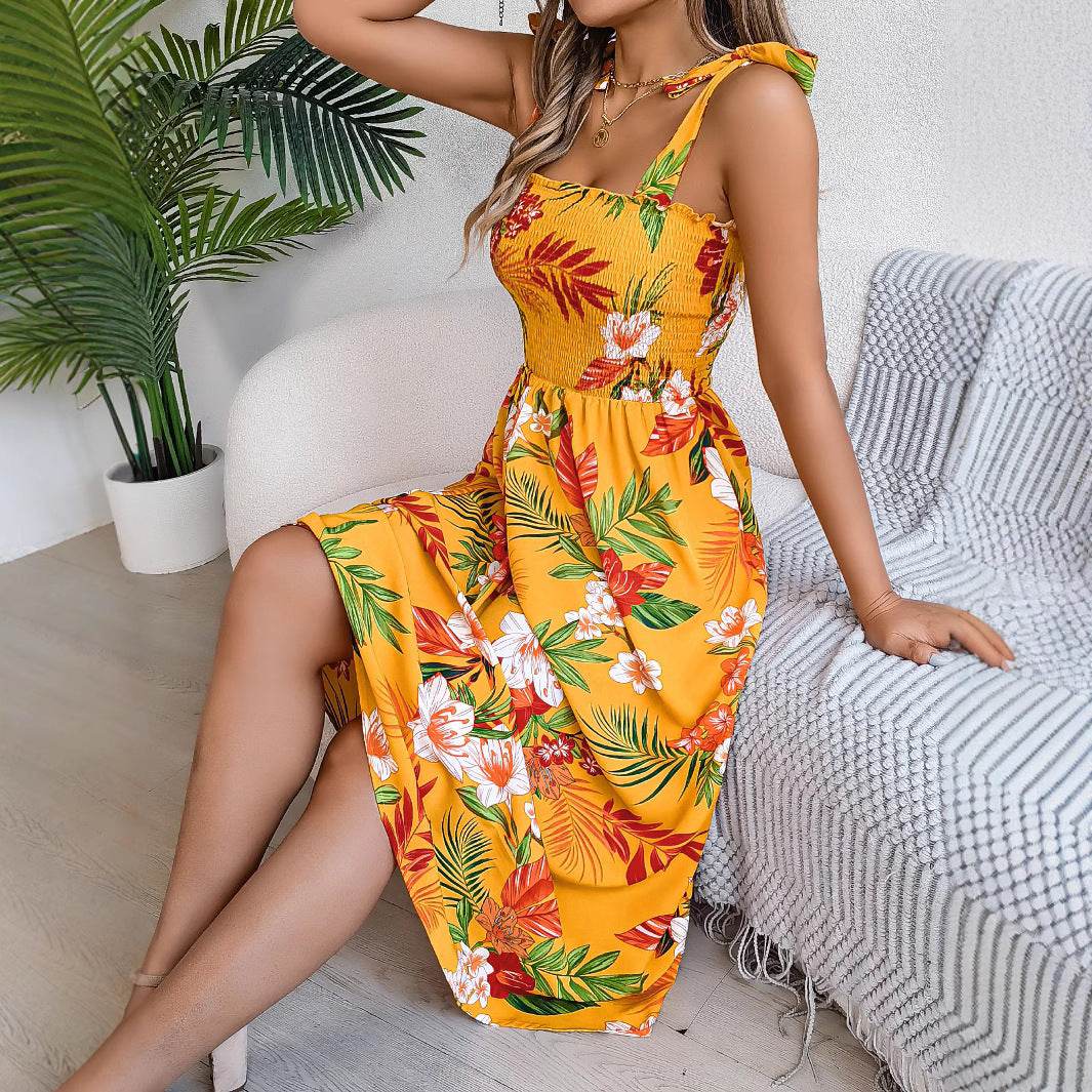 Flowers Print Suspender Corset Dress Ins Fashion Holiday Beach Long Dresses Summer Clothing For Women - Velora