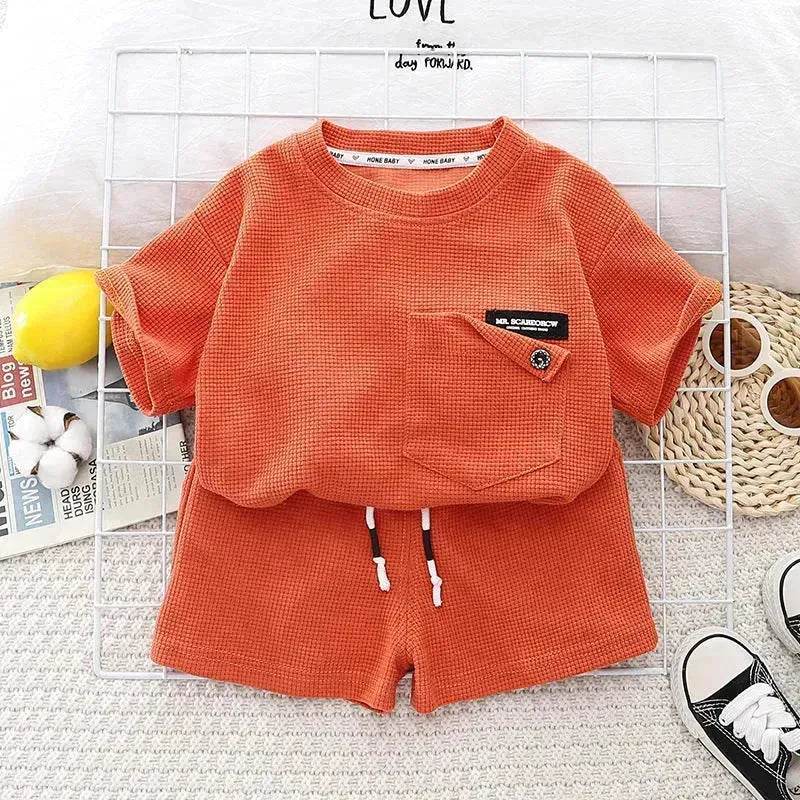 Children's Summer Clothing Casual Plain color Cotton Short Sleeve shirt and Short pant Two-piece Set - Velora