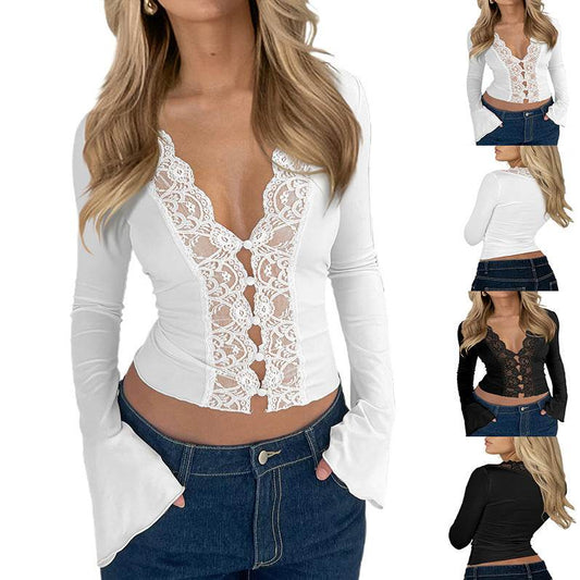 Slim V-neck Lace Button Shirt tank top Ins Fashion Trumpet Sleeve Long-sleeved Top Women Clothing - Velora