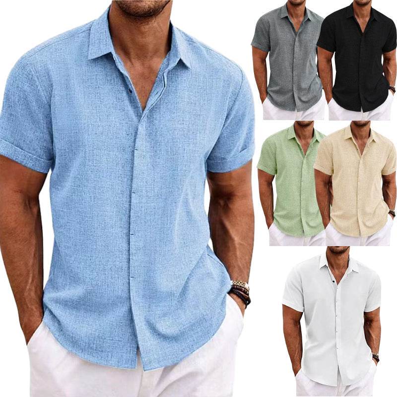Men's Solid Color Loose Linen Short-sleeved shirt - Velora