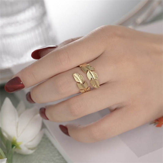 Feather Ring Open Titanium Steel Ring Gold And Silver Color Opening Rings Creative Simple Feather Handmade Party Jewelry Gifts - Velora