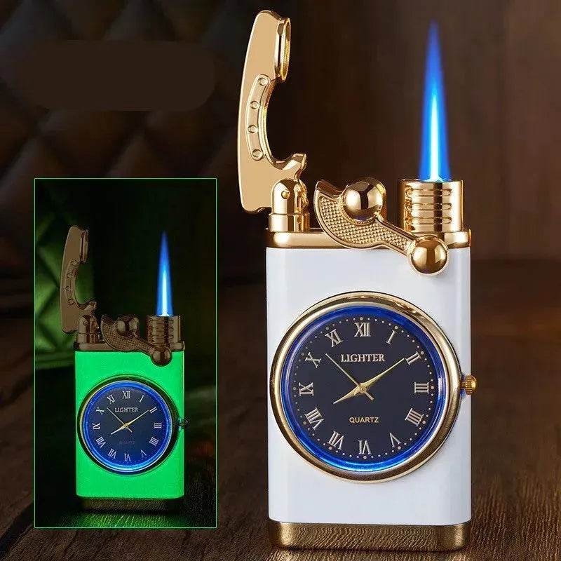 New Lighter With Electric Watch Rocker Arm Automatic Ignition Straight Blue Flame Lighter Creative Real Dial Inflatable Windproof Cigar Lighter Men's Watch Gift
