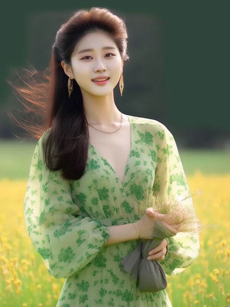 Holiday Green Floral Ladies Dress Sophisticated - Velora