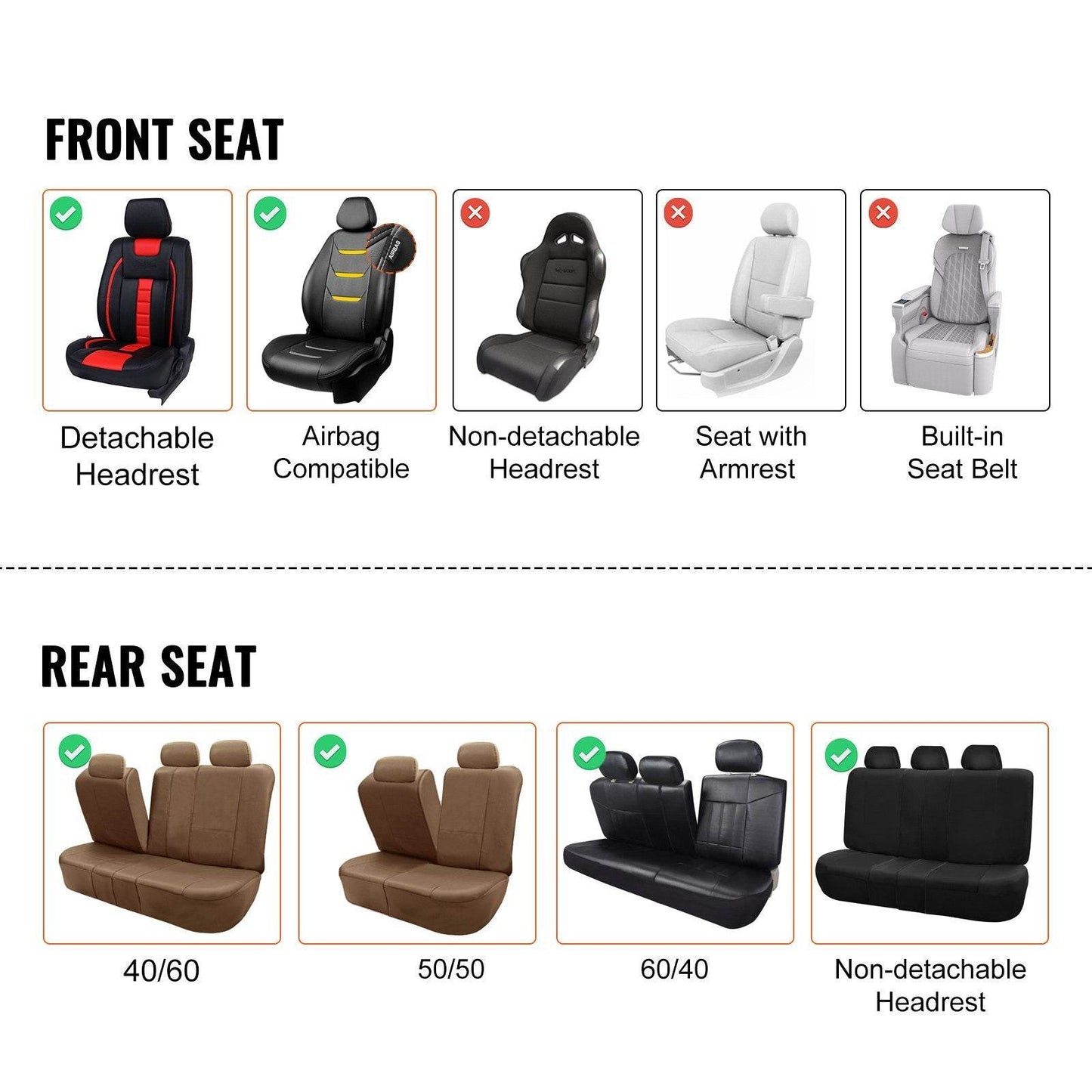 Seat Covers, Universal Car Seat Covers Full Set Seats, Front And Rear Seat, 13pcs Faux Leather Seat Cover, Full Enclosed Design, Detachable Headrest And Airbag Compatible, For Most Car SUV Truck - Velora