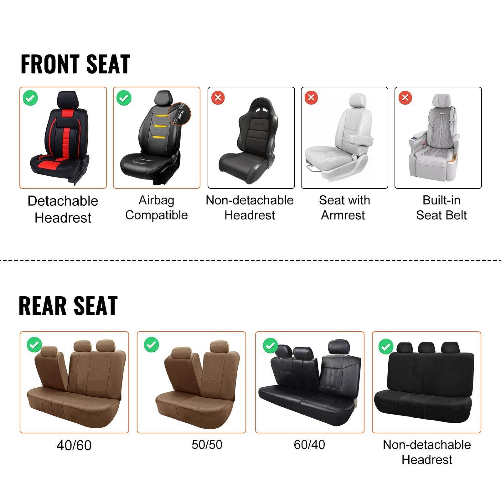 Seat Covers, Universal Car Seat Covers Full Set Seats, Front And Rear Seat, 13pcs Faux Leather Seat Cover, Full Enclosed Design, Detachable Headrest And Airbag Compatible, For Most Car SUV Truck - Velora