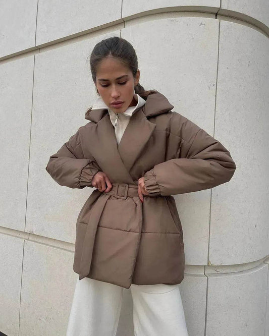 Winter Lapel Waisted Cotton Coat Hooded Winter Jacket women - Velora