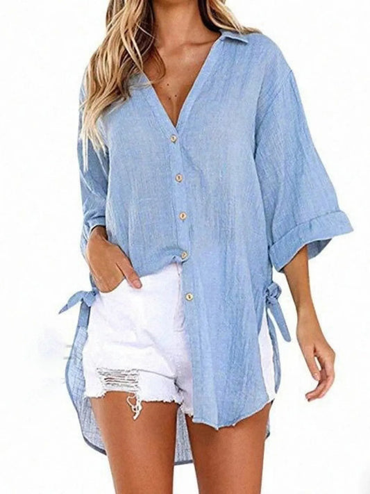 Linen Blend Button-Down Tunic Shirt - Velora