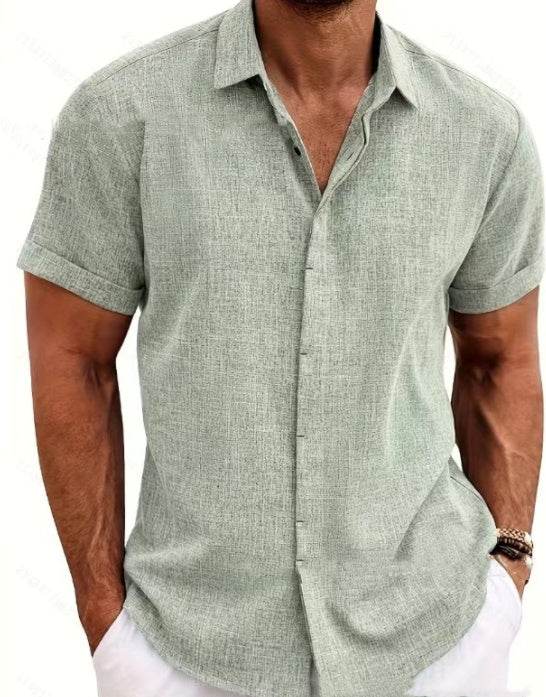 Men's Solid Color Loose Linen Short-sleeved shirt - Velora