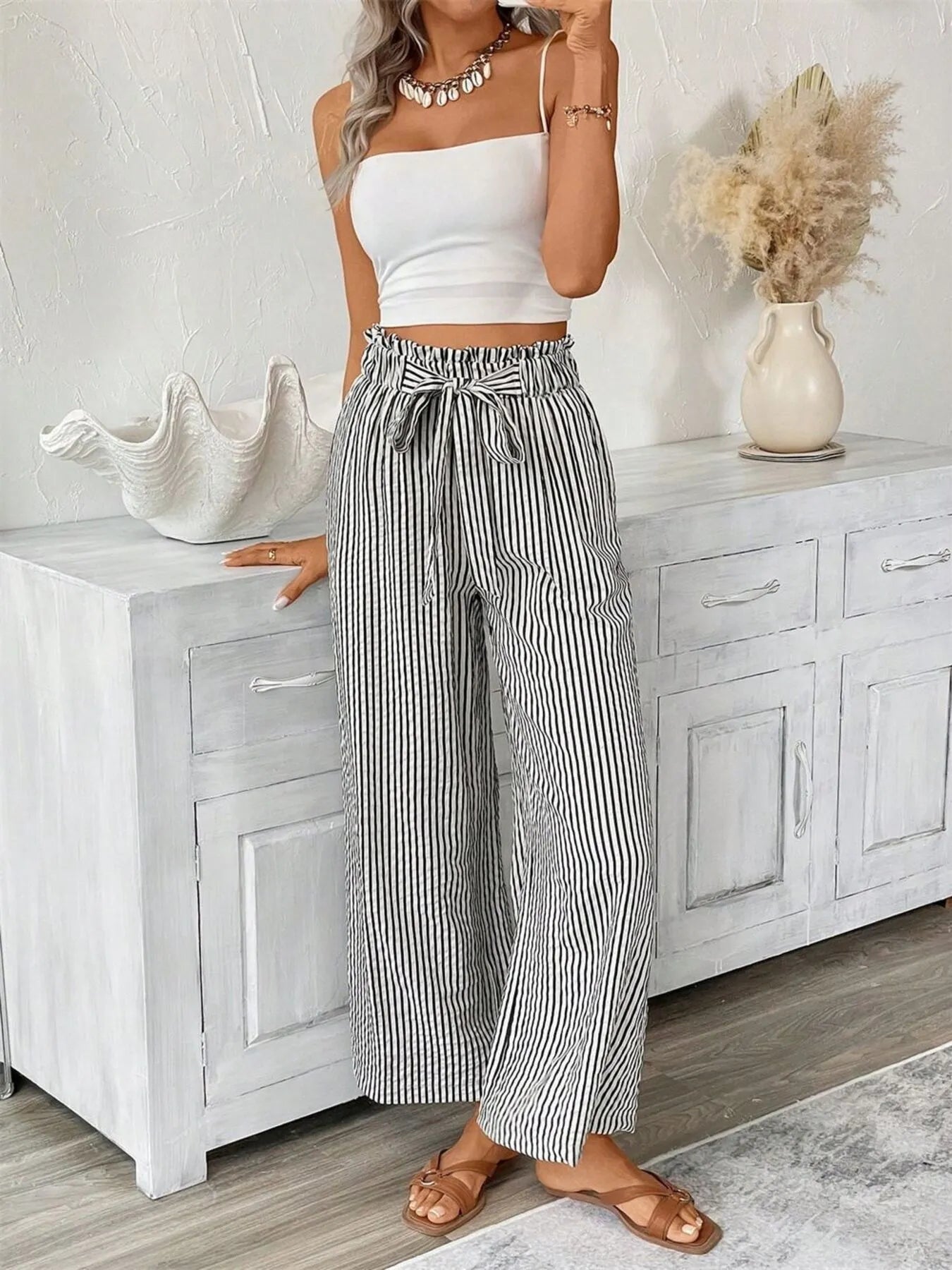 Full Size Striped Wide Leg Paper Bag Pants Plus Size - Velora