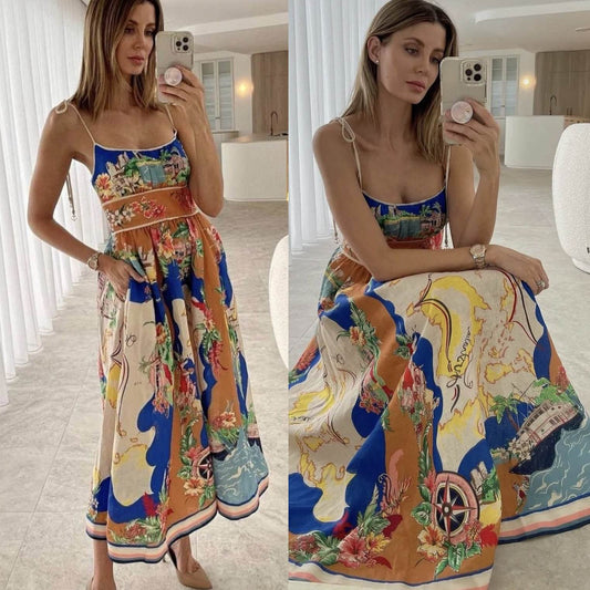 Elegant Ladies Spaghetti strap Vacation Resort Boho Floral Summer Maxi dress - Velora