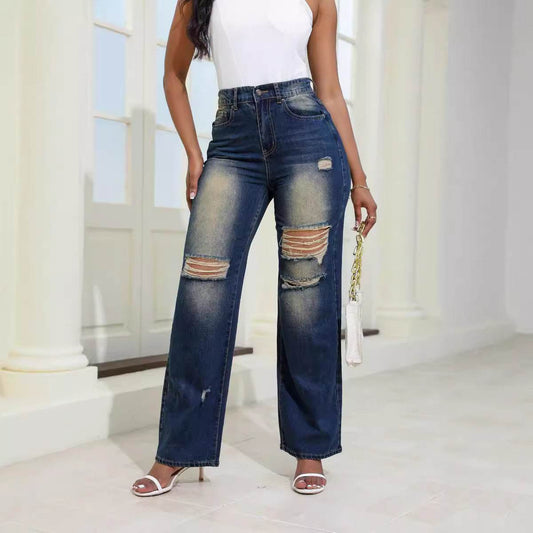 Fashion High Waist Ripped Jeans With Pockets Comfortable Slim Fit Trousers Straight Wide-leg Pants Womens Clothing - Velora