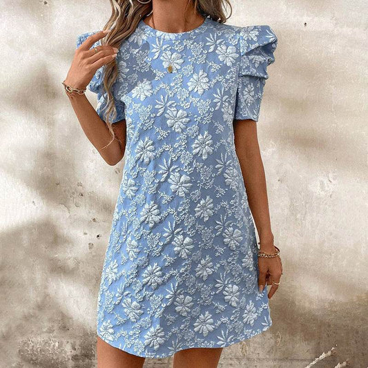 Women's Puff Sleeve A-Line Mini Dress Crew Neck Floral Casual Summer Dress - Velora