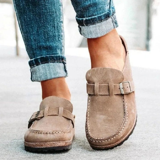 Round Toe Low Heel Buckle Loafers - Velora