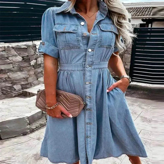 Women's Lapel Breasted Slim-fit Slimming Temperament Blue Denim Midi Skater Dress - Velora