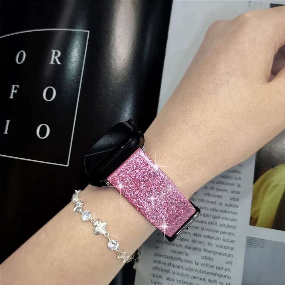 Leather Single Ring Glitter Buckle Couple Watch Strap Suitable for Apple Watch - Velora