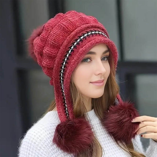 Cozy Knit Fleece-Feel Beanie With Ear Flaps & Pompom Warm Winter Hat For Women Perfect For Skiing & Outdoor Activities - Velora