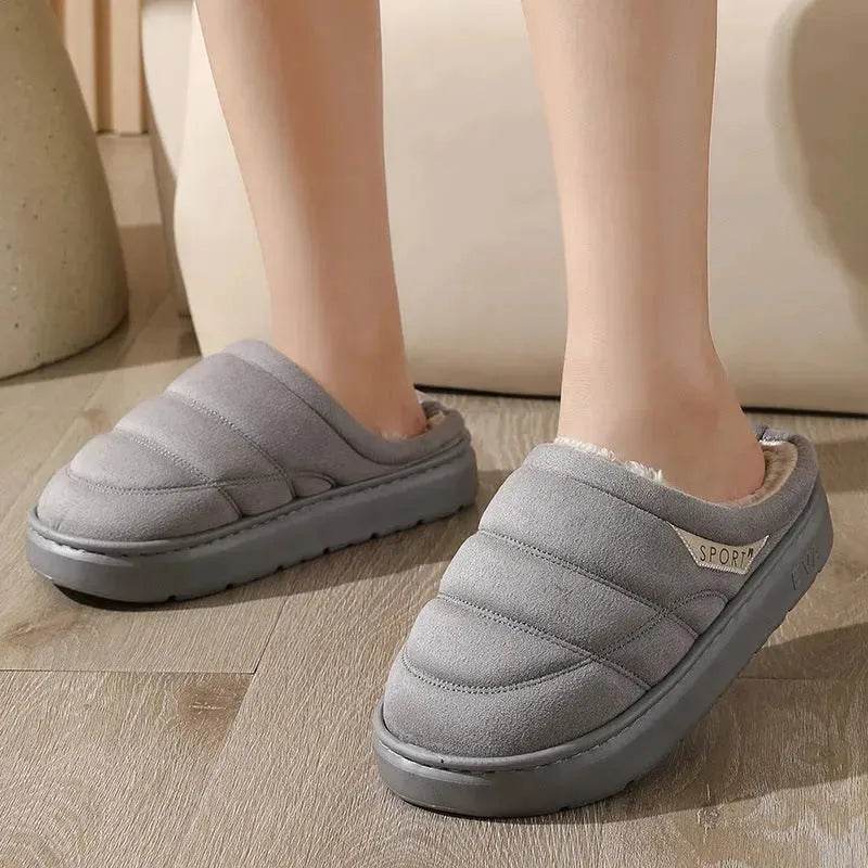 Fashion Solid Plush Slipper Winter Warm Indoor Floor Bedroom Home Slippers For Couple Thick-soled House Shoes Women Men - Velora