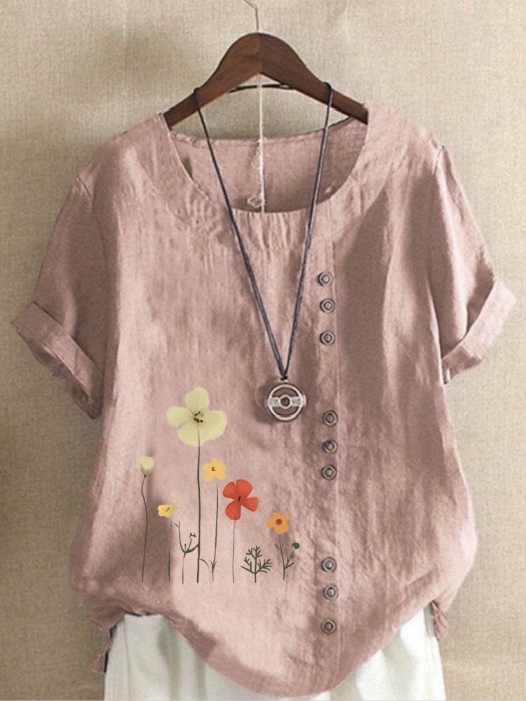 Casual Summer Beach Cotton And Linen Printed Elegant Short Sleeve blouse Top Women - Velora