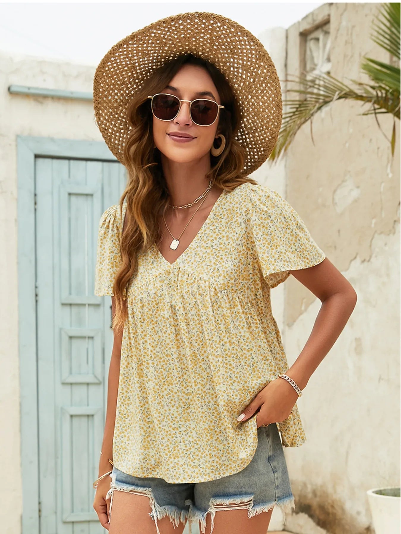 Floral Print V-neck Flutter Sleeve Babydoll Blouse - Velora