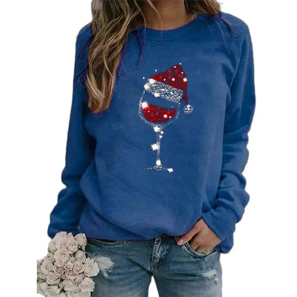 Clothing Christmas Women's Sweater Christmas Hat Red Wine Glass Graphic Print Crew Neck Long-sleeved Sweater - Velora