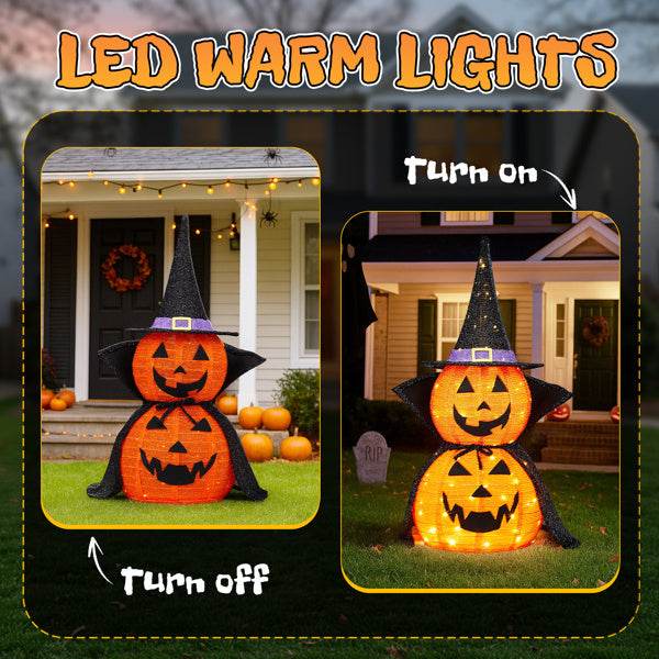 2Packs 3FT Halloween Collapsible Lighted Pumpkin Decoration, 176 LED Pop-Up Pumpkin Lamp With Cape, Plug In Halloween Jack-O-Lantern With Metal Stand For Indoor Outdoor Garden Patio Party Decor - Velora